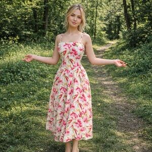Floral Pink TULIP cotton Midi Dress.